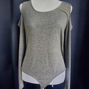 Charlotte Russe Gray Ribbed Cold Shoulder Bodysuit*
